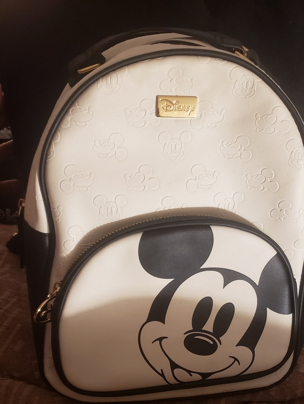 Disney Black & White Mickey Face Backpack. Front Pocket. Faux Leather